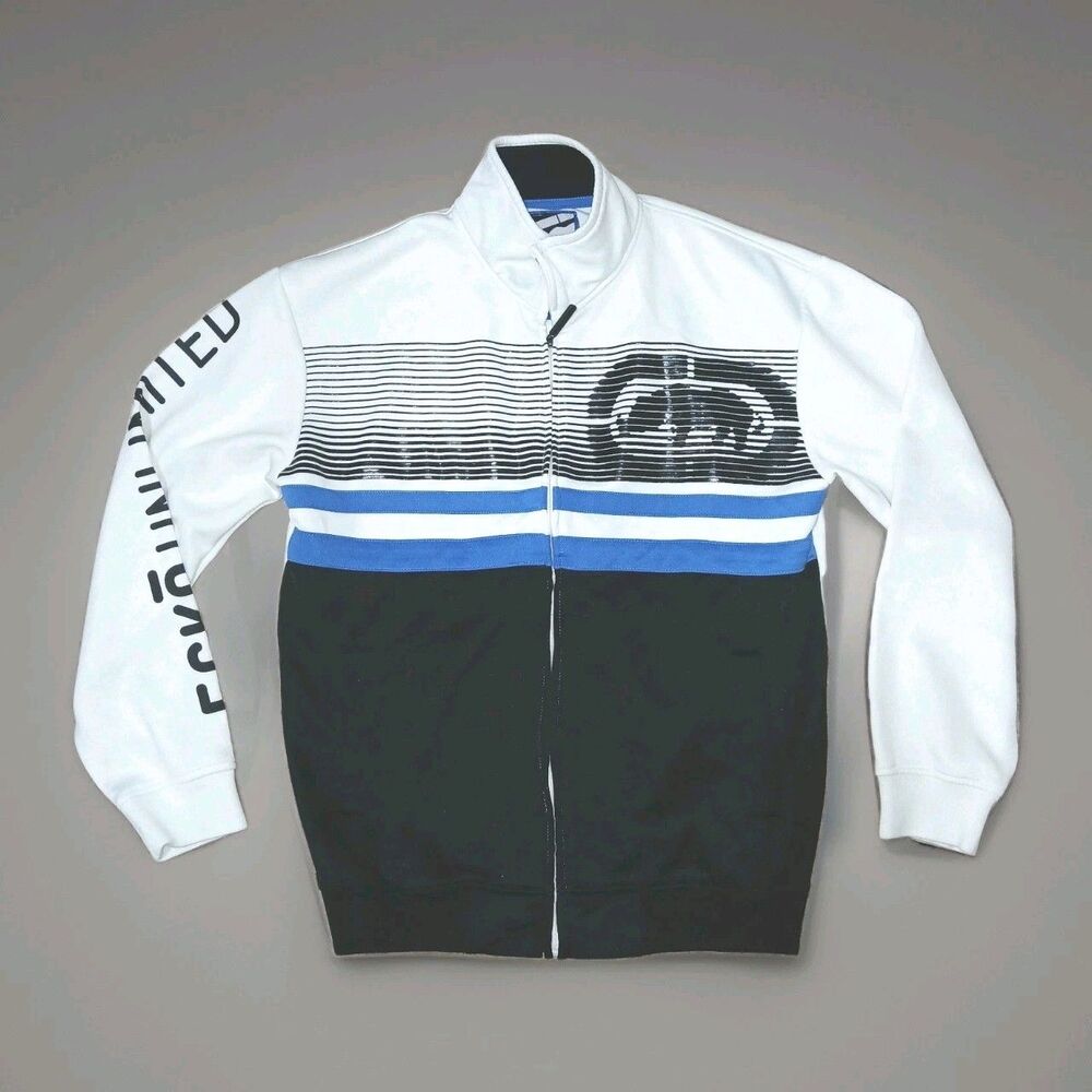 TitleEcko Unltd. Full Zip Track Jacket Mens Large White Black Blue Long Sleeve